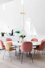 Modern Loft Dining Room With Pink Velvet Chairs And Led Light Fixture On Thou Swell Thous Modern Dining Room Dining Room Inspiration Velvet Dining Room Chairs