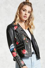 A Faux Leather Moto Jacket Featuring A Printed Floral Design Embroidered Accents High Polish Studded Trim A Notch Lapel A Fashion Clothes 90s Fashion Women