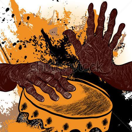 Desenho artístico e expressivo de duas mãos de pele negra tocando um instrumento de percussão. A mão esquerda está apoiada sobre a pele do tambor, enquanto a mão direita está erguida no ar. O fundo é decorado com manchas e respingos de tinta nas cores laranja, preto e branco.
