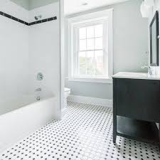 White And Black Bathroom Done With Prima Octagon And Dot On The Floor 3x6 White Subw Black And White Tiles Bathroom Black Tile Bathrooms Octagon Tile Bathroom