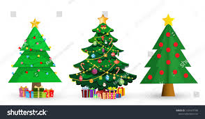 Set Of Cute Cartoon Christmas Fir Trees Star Decorations Balls Garlands And Lots Of Gift Boxes Isolated On White Backgro Star Decorations Fir Tree Christmas