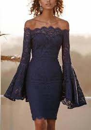 Navy Blue Floral Lace Off Shoulder Backless Flare Sleeve Elegant Party Midi Dress Dresses Lace Dress With Sleeves Bodycon Cocktail Dress