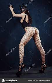Beautiful Sexy Cat Girl Standing Plank Hands Black Slip Leather Stock Photo  by ©DmitryNiko 175903066