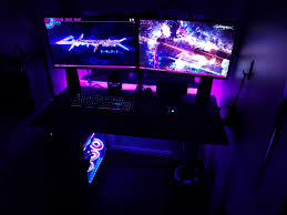 Decided To Make A Cyberpunk 2077 Themed Battlestation After Seeing The Gameplay Reveal How Did I Do Video Game Room Design Pc Setup Video Game Room