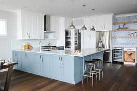 About art3d art3d is a leading designer and manufacturer of decorative wall tiles, we focus on developing state of art products in both residential and commercial level. White And Blue Kitchen With Light Blue Glass Tile Backsplash Transitional Kitchen