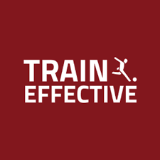 White TRAIN EFFECTIVE logo with a stylized soccer player icon on a dark red background.