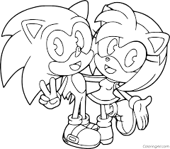 The coloring sheet features sonic, tails, knuckles the echidna, cream the rabbit, amy rose, silver the hedgehog and big the cat. Cute Sonic With Amy Rose Coloring Page Coloringall