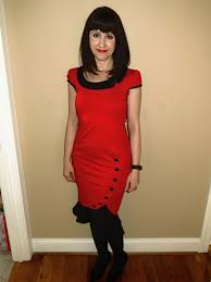 Red Vintage Inspired Mermaid Dress With Black Trim And Buttons Black Tights Black Velvet Mary Janes Feminine Outfit Black Trim Mermaid Dress