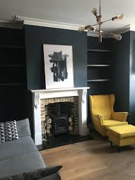 Living Room Update Alcove Shelves Dark Walls Decor Hague Blue Farrow And Ball Wall Paint Wood Bur Dark Living Rooms Dark Grey Living Room Yellow Living Room