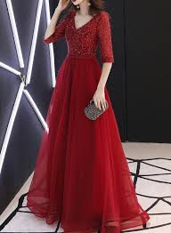 Wine Red Short Sleeves Beaded Party Dress 2019 Gorgeous Formal Dresses 2019 Redpromdress Formaldress Beaded Party Dress Long Red Dress Indian Gowns Dresses