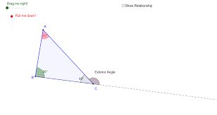 The measure of an exterior angle (our w) of a triangle equals to the sum of the measures of the two remote interior angles (our x and y) of the triangle. Exterior Angle Of A Triangle Geogebra