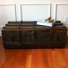 Antique Steamer Trunk Coffee Table Flat Top Low Profile Canvas Covered Slatted Wood And Leather M Coffee Table Trunk Antique Steamer Trunk Steamer Trunk