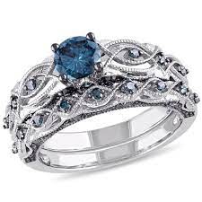 1 Ct T W Enhanced Blue Diamond Vintage Style Bridal Set In 10k White Gold Blue Diamond Wedding Band Diamond Bridal Ring Sets Blue Diamond