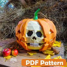 Skull Pumpkin 3d Papercraft Pdf Template Diy Low Poly Halloween Decor Or Halloween Gift Paper Craft Origami Sculpture For Adults Or Kids Paper Crafts Origami Paper Crafts Skull Pumpkin