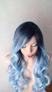 Dark Roots Pastel Silver Blue Wig Long Curly Hair Long Side Bangs Wig Airy Blue Fashion Hairstyle Wig For Daily Use Or Cosplay Colored Curly Hair Hair Color Pastel Trendy Hair