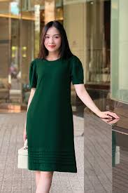 Đầm suông cổ tròn màu xanh tay phồng