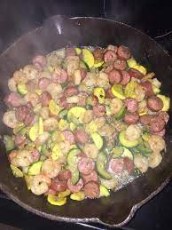 Beef Sausage Shrimp Zucchini And Squash Fried In Coconut Oil And Seasonings Zuchinni And Squash Recipes Smoked Sausage Recipes Beef Sausage Recipes