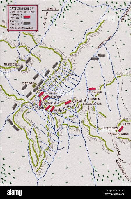 This map, created by John Fawkes, details the Battle of Dargai fought on 20 October 1897 during the Tirah campaign in the North-West Frontier of India. The battle was part of the