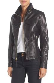 Michael Michael Kors Front Zip Leather Jacket Regular Petite Zipped Leather Jacket Leather Jacket Leather Jackets Women