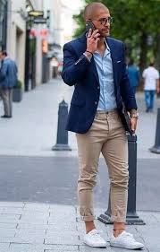 Men S Blue Blazer Light Blue Dress Shirt Beige Chinos White Low Top Sneakers Menswear Mens Outfits Fashion
