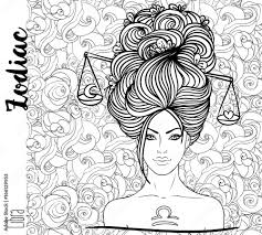 Zodiac Libra Zodiac Sign As A Beautiful Girl Vector Art With Portrait Of A Pretty Girl Black White Drawing Over Ornate Pattern Horoscope Coloring Book Stock Vector Adobe Stock