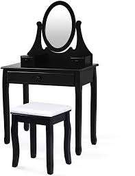 Black Vanity Set Makeup Dressing Table With Cushioned Stool Rotating Oval Mirror Storage Drawers Desk Org In 2020 Makeup Dressing Table Wooden Bedroom Black Vanity Set