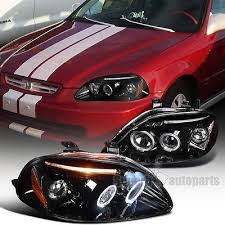 For 1996 1998 Honda Civic Led Dual Halo Projector Headlights Glossy Black Smoke Projector Headlights Black Smoke Civic