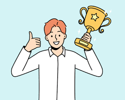 Image of person winning a prize, holding a trophy and smiling