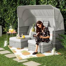 Daybed Polyrattan Mit Sonnendach 190x90x73cm Grau Conversation Set Patio Backyard Patio Pool Furniture