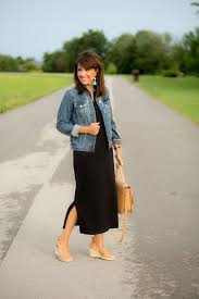 Black Maxi Dress And Denim Jacket Cyndi Spivey Black Maxi Dress Outfit Maxi Outfits Black Maxi Dress