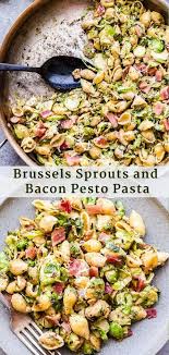 Brussels Sprouts And Bacon Pesto Pasta Is A Simple But Hearty Weeknight Meal Shredded Brussels Spr Pesto Pasta Recipes Sprout Recipes Brussels Sprouts Recipe