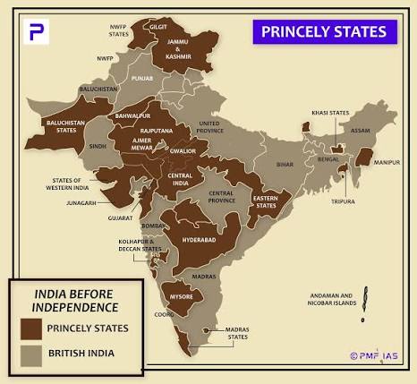 During British rule, India was divided into two territories: 1. British Indian Provinces (directly under British control) 2. Princely States (ruled by Indian princes) - At independence, princely states made up one-third