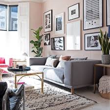 Contemporary Living Room With Grey Sofa Blush Walls And Beni Ourain Style Rug Wall Colour Pink Living Room Color Schemes Rugs In Living Room Living Room Grey