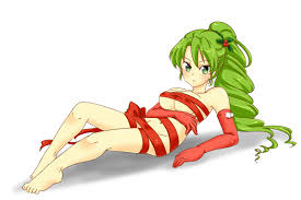 dryad (terraria), terraria, artist request, 1girl, breasts, dryad, elbow  gloves, full body, gloves, green eyes, green hair, hair ornament, holly,  holly hair ornament, large breasts, long hair, looking at viewer, lying,  monster