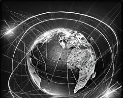 Image of globe with digital currency symbols flowing around it