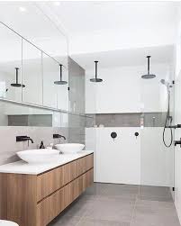 Black Bathroom Vanity With Timber Top Timber Veneer Vanity With Twin Free Standing Basins Twin Matte Black Taps And Mixers Twin Rain Fall Sh White Bathroom Designs Modern Bathroom Bathroom Design