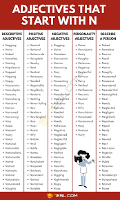 We usually put an opinion adjective in front of a descriptive adjective a descriptive adjective generally describes characteristics of a noun that are fairly objective. Adjectives That Start With N 500 Adjectives Starting With N 7esl