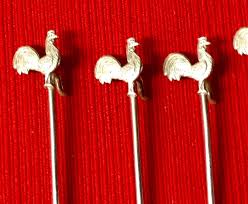 Six Solid Silver Cockerel Cocktail Sticks By Adolph Scott. 1932. English