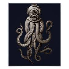 Vintage Retro Diving Suit Octopus Graphic Design Poster Zazzle Com Vintage Graphic Design Octopus Graphic Graphic Design Poster