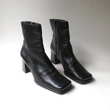Black Ankle Boots With Brown Heel 90s Vintage Nine West Black Leather Chunky Heel Square Toe Ankle Boots Made In Brazil Womens Boots Ankle Leather Ankle Boots Outfit Womens Black Ankle Boots