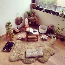 This Fuzzy Lambskin Rug And Crystal Filled Corner Meditation Room Decor Meditation Rooms Meditation Space