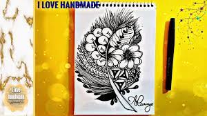 draw feather with flowers رسم ريشة جميلة جدا بطريقة مختلفة وبسيطة handmade my love