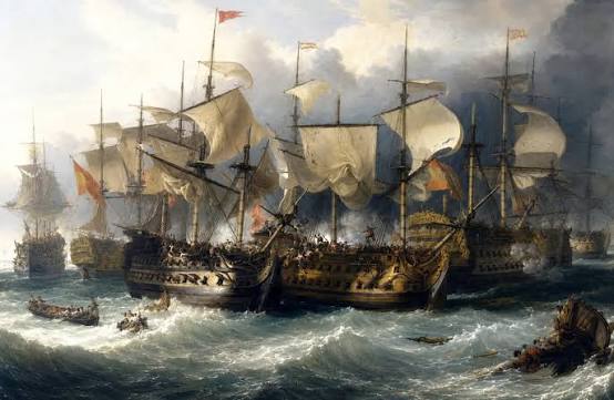 A painting of an engagement between three East India Company ships and two French vessels, 8 March 1757'. Painted by Auteur Lawson Dunn. Three homeward bound East Indiamen, the 'Suffolk', 'Houghton' and '