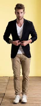 No Matter Where You Go Over The Course Of The Day You Ll Be Stylishly Prepared In A White V Neck Tee And Khaki C Mens Fashion Blazer Mens Outfits Mens Fashion