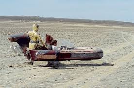 Doubles Of C 3po Obi Wan And Luke In The Land Speeder With Its Mirrored Skirt Star Wars Pictures Classic Star Wars Star Wars History