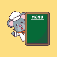 Cute mouse chef mascota personaje de dibujos animados con tablero de menú  6594205 Vector en Vecteezy