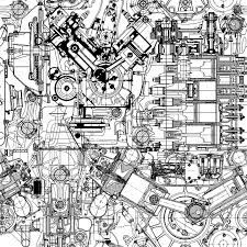 Detailed drawing turbo engine side view vector. Drawing Engine Seamless Pattern Seamless Patterns Technical Illustration Mechanical Art