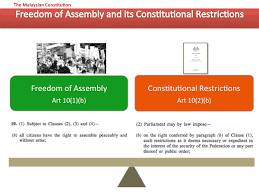 Liberty of the person, prohibition of slavery and forced labour, protection against retrospective criminal laws and repeated trials, equality, prohibition of banishment and freedom of movement, freedom of speech, assembly and association, freedom of religion, rights in respect of education and rights to property. Constitution Of Malaysia