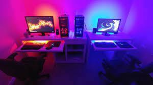 Cute & cozy couple's side by side gaming room setup & design. Step 1 Build Computer Step 2 Convince Fiancee She Also Needs Computer Step 3 Fiancee Realizes She Loves Pc Gaming Step 4 Battlestations Video Game Rooms Computer Gaming Room Game Room Design