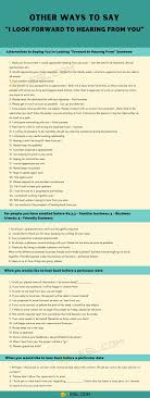 We did not find results for: 50 Great Alternatives To I Look Forward To Hearing From You 7esl In 2021 Other Ways To Say Conversational English English Phrases